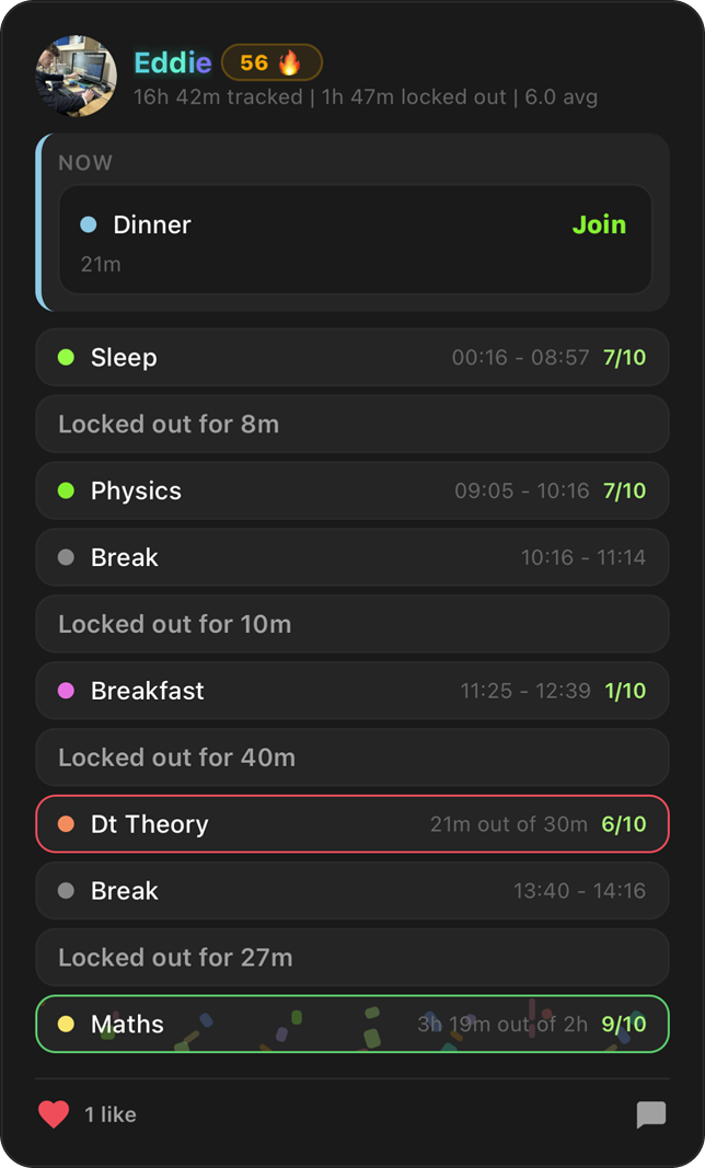 Locked In friend activity timeline card